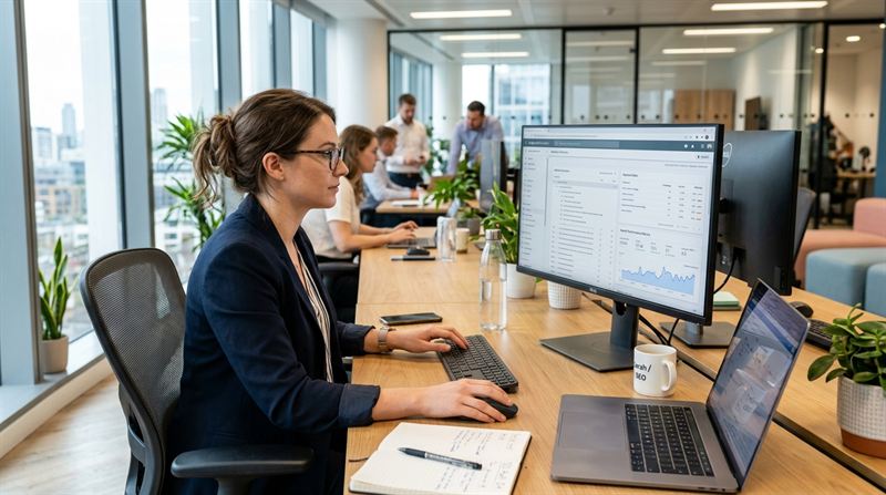 SEO Content Specialist Reviewing Search Data and Keyword Metrics on Monitor