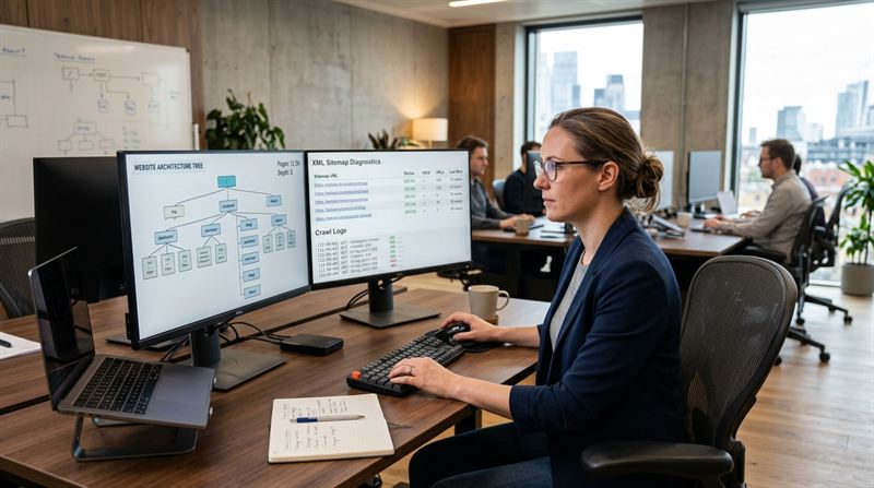 Technical SEO Engineer Reviewing Website Architecture Tree and Sitemap Diagnostics on Dual Displays