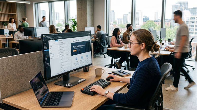 Professional Developer Customizing WordPress Website Dashboard in Modern Agency Office